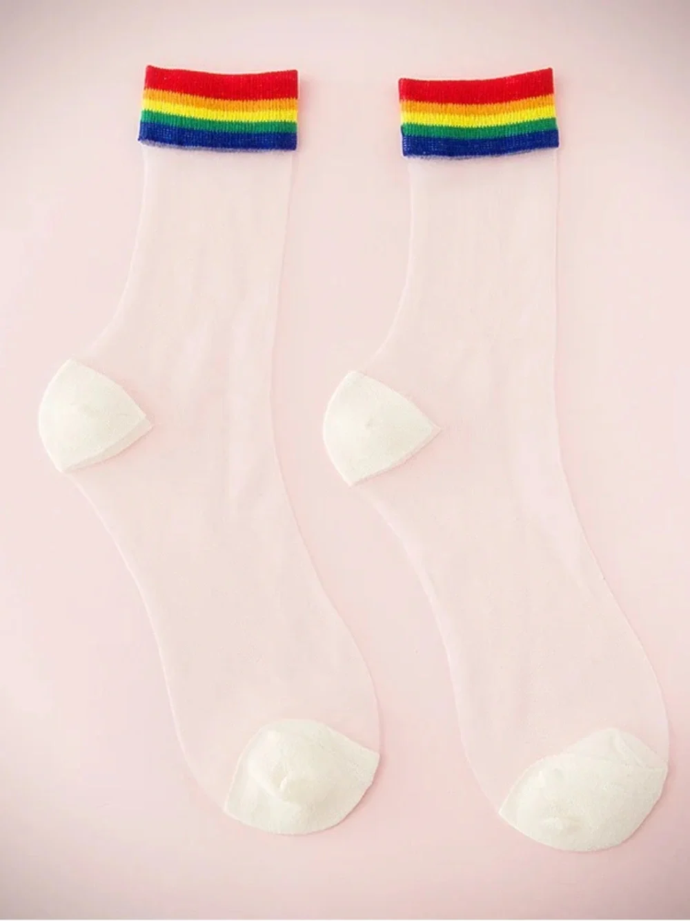 Rainbow White Sheer mesh Crew Socks with Rainbow Cuff - Unbranded